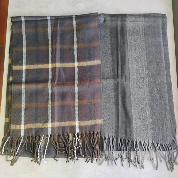 Pierre Cardin Mens Fine Muffler Cashmillion Plaid Striped Scarf Set Fringe - Picture 1 of 9
